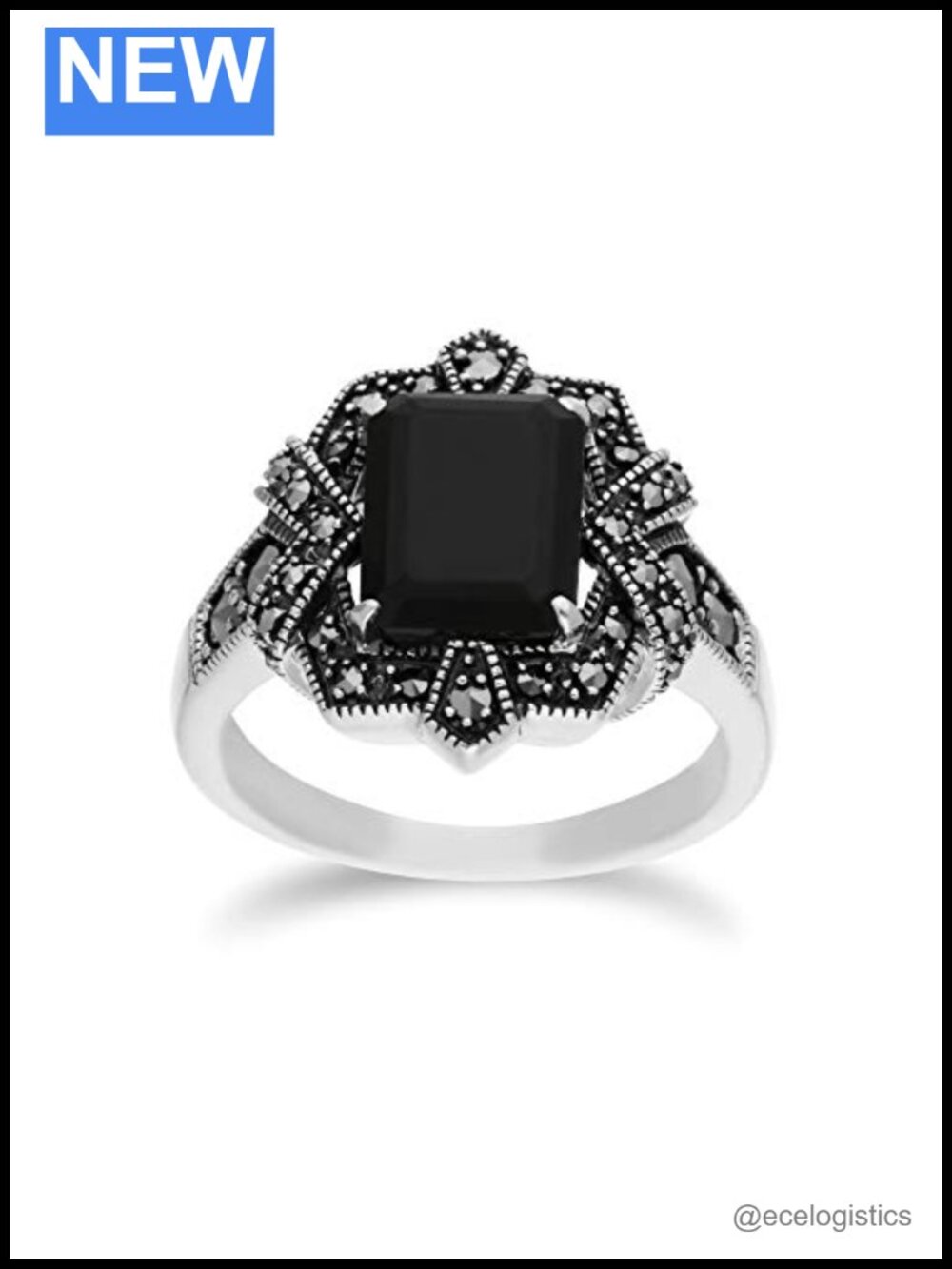 Sterling Silver Black Onyx Marcasite Art Nouveau Statement Ring